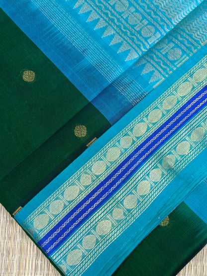 Cotton Silk Sarees | Bottle green X sky blue