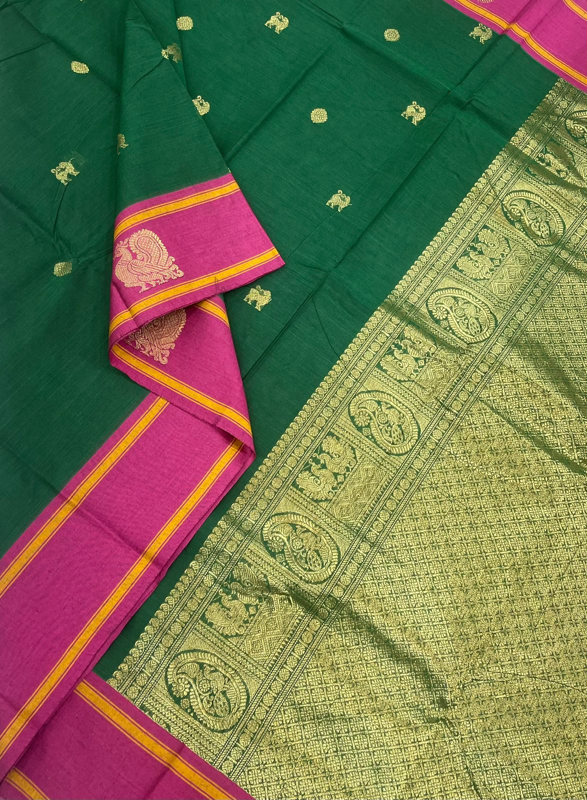 Kanchi cotton|  green x pink | mayil zari border