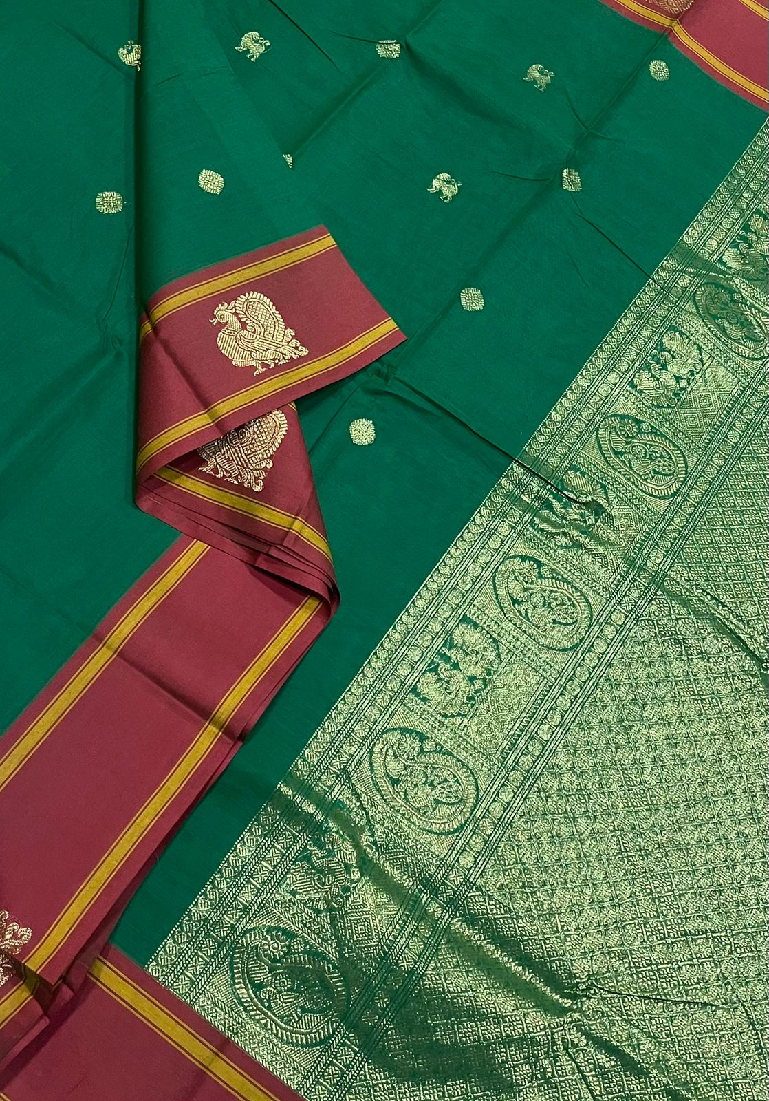 Kanchi soft cotton |zari x mayil | green X brick marron