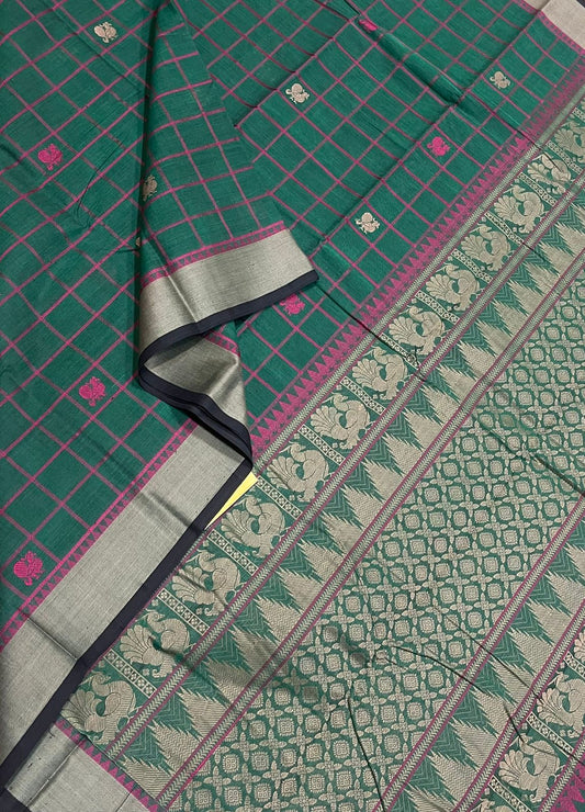 Kanchi handloom rich cotton | Kattam mayil butta x thread border | green x pink