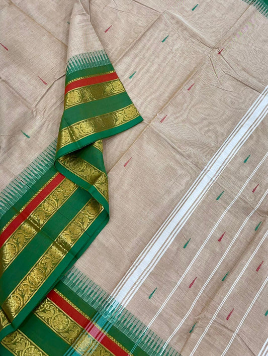 Kanchi soft cotton |Beige X Green | Zari X SeepuRekku