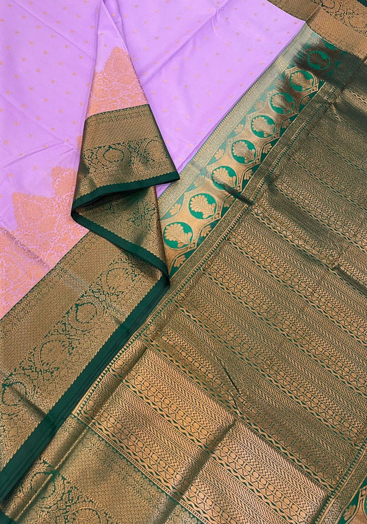 Vegan Silk Sarees Online| pastel Lavendar X Bottle green