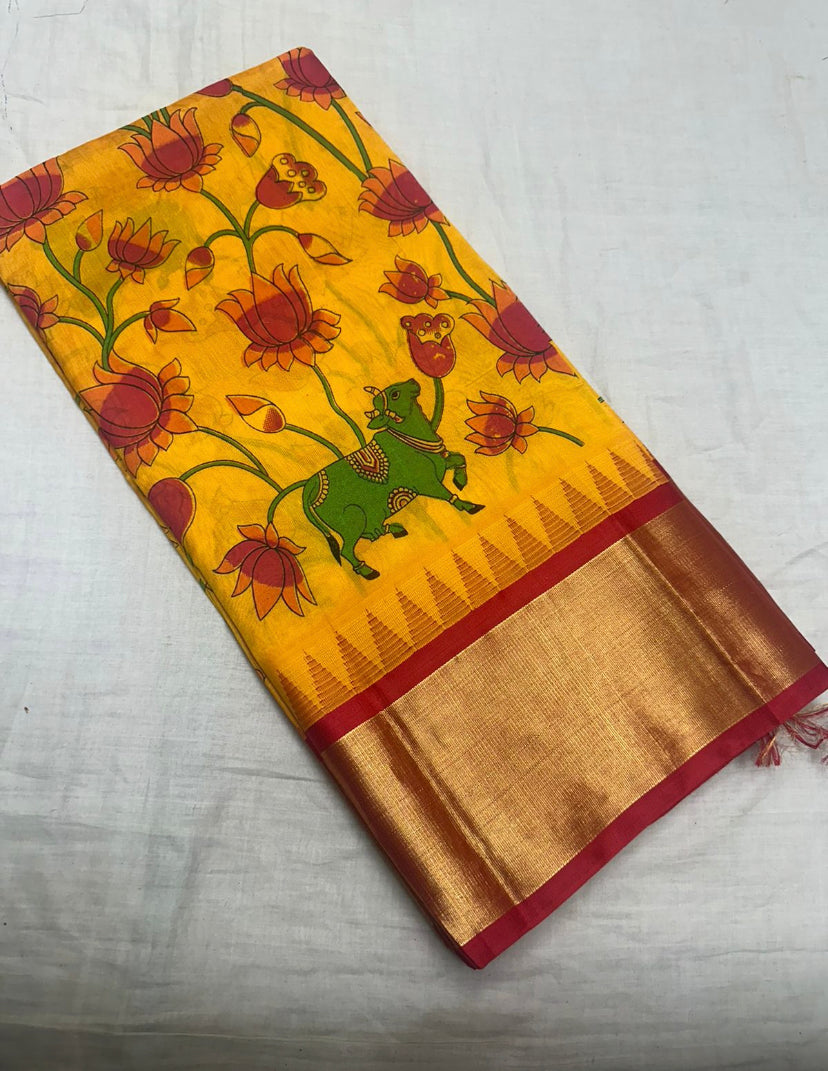 Silk Cotton Sarees  | manjal X red| rich tissue border | PICHWAI print