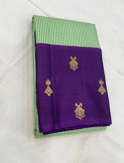 Pure Kanjivarams| Kasakasa kattam X Korvai border | pistachio green X violet | thoodu Zari BUTTA