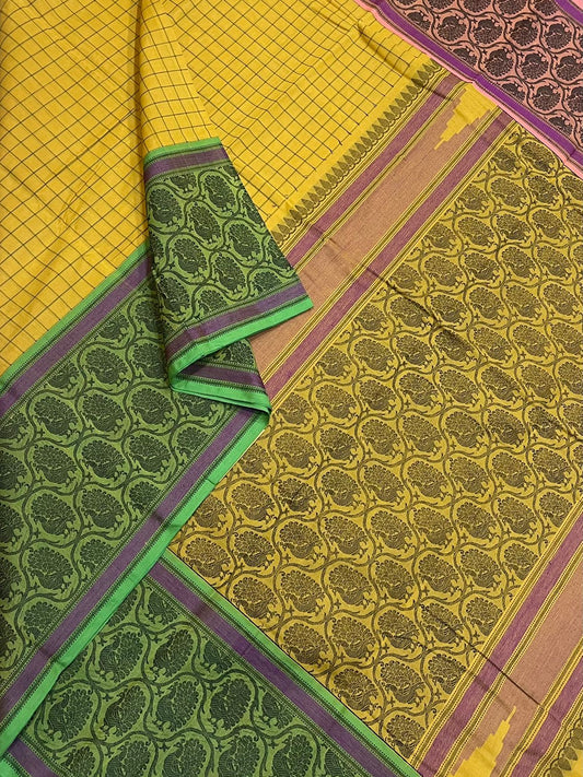 Kanchi handloom rich cotton | Kattam butta x thread mayil border | yellow x Ganga jamuna