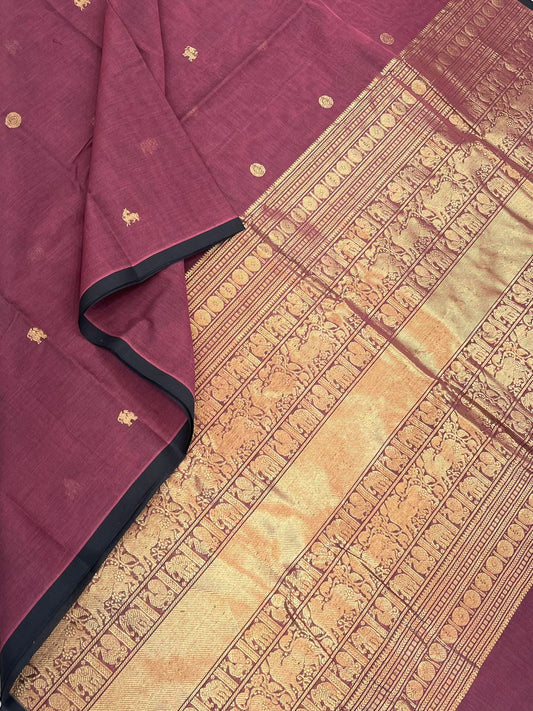 Pure Handloom Kanchi Cotton Saree | Six tiny zari motif butta | Burgandy