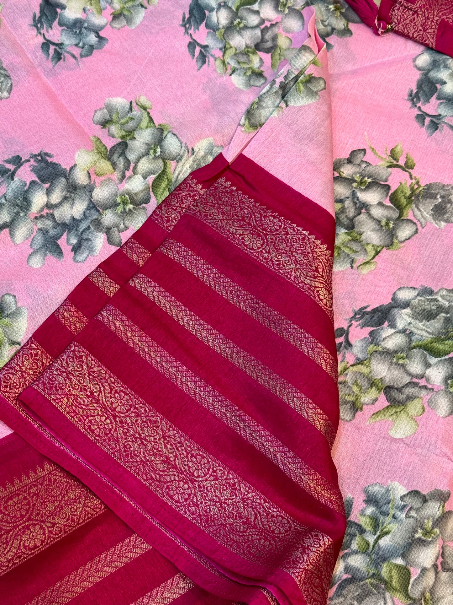 Floral | PrintedSemiSilk | pink X dark pink | Kanchipuram Border