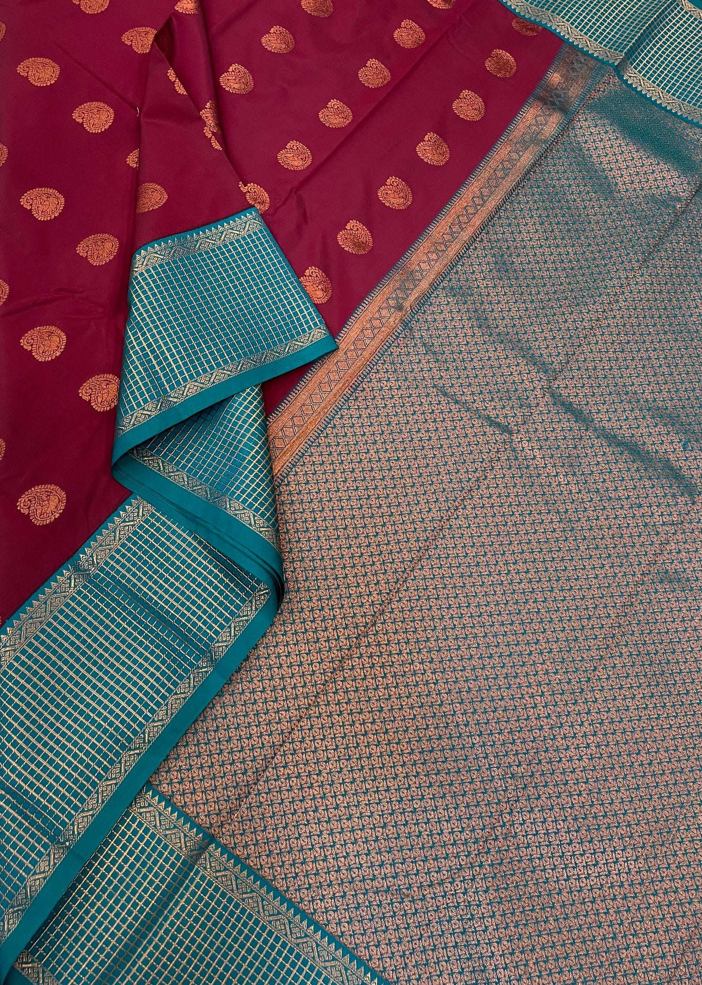 Vegan Silk Sarees Online | Sea Blue X BURGANDY