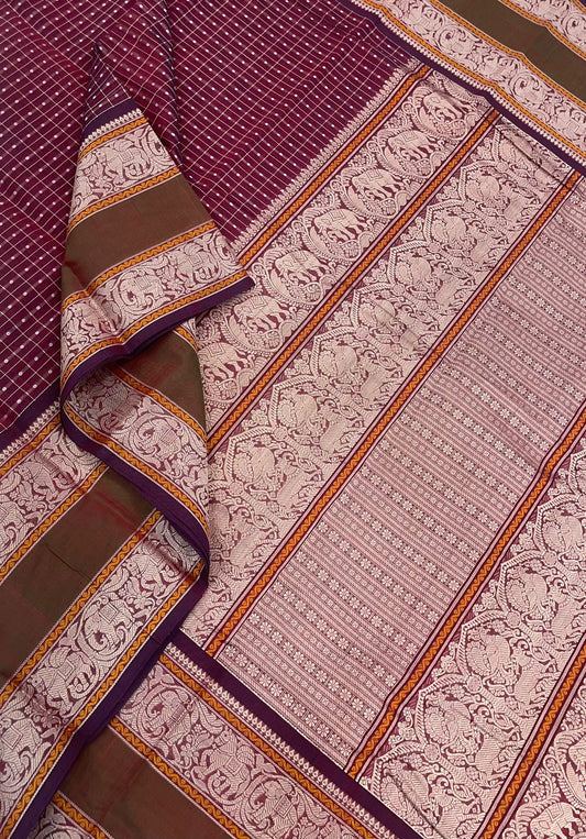 Pure Handloom Kanchi rich Cotton Saree | 1000 butta X thread | marron X cream threads