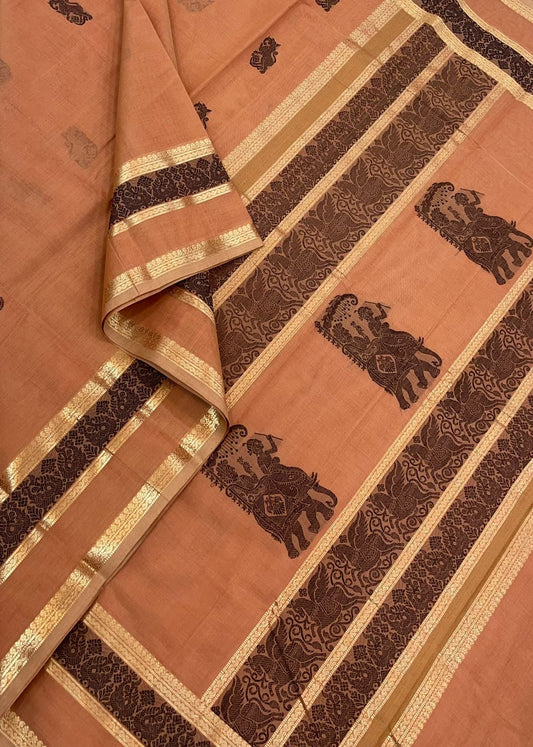 Pure Handloom Kanchi Cotton Saree | Peach X shima yhazli butta |Exclusive