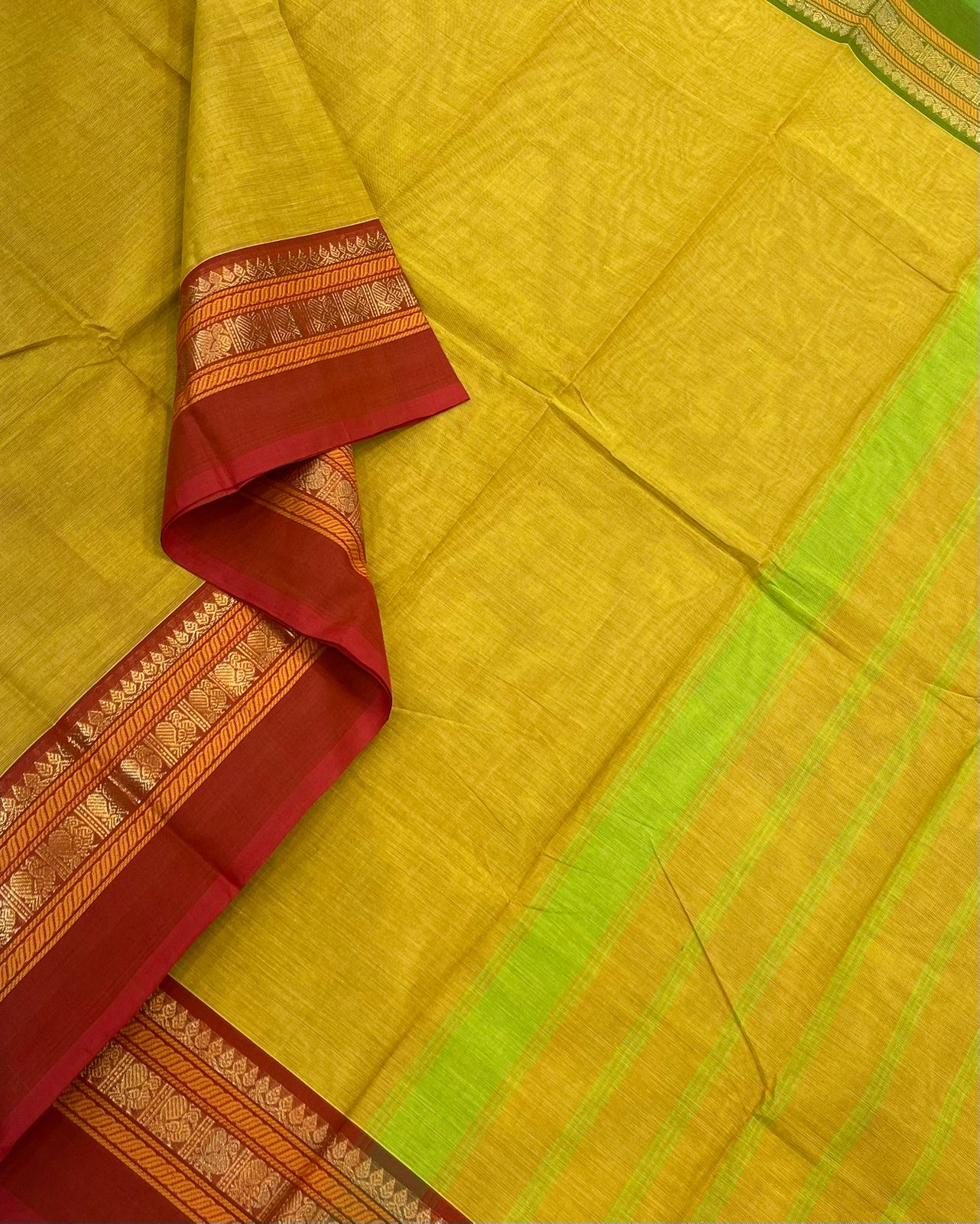 Kanchi soft cotton | mayil X small zari border |yellow x ganga jamuna |NKV055