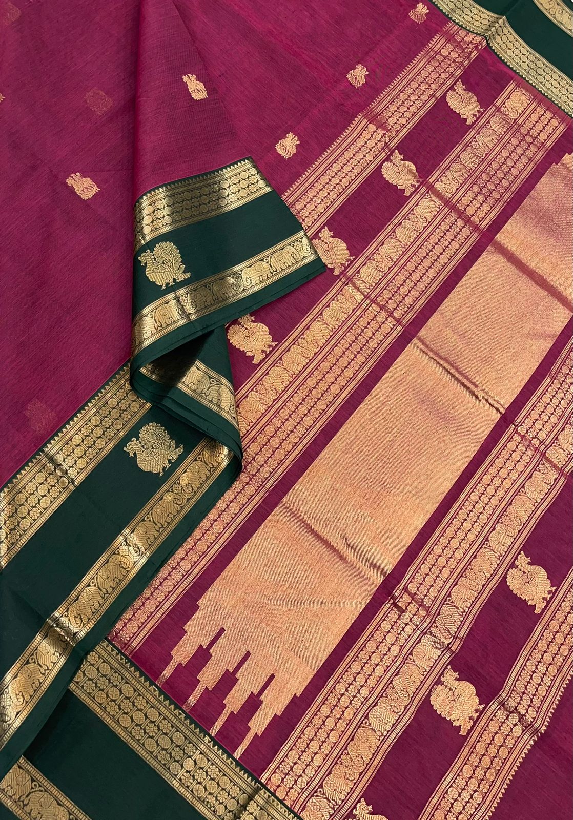 Kanchi Silk Cotton Sarees | Mayil X veerashivaji |  dark pink x green