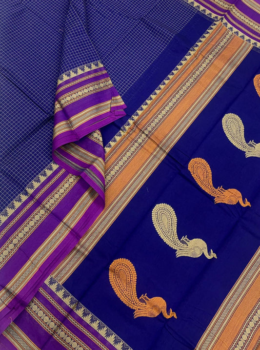 Kanchi cotton x chettinad style| temple rettaipet border | rich mayil Pallu | Blue x Violet