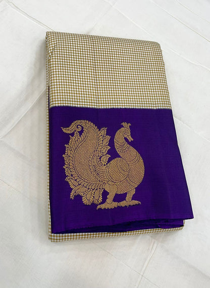 Pure Kanjivarams| Kasakasa kattam X Korvai border | Beige cream X violet | Mayil Zari BUTTA