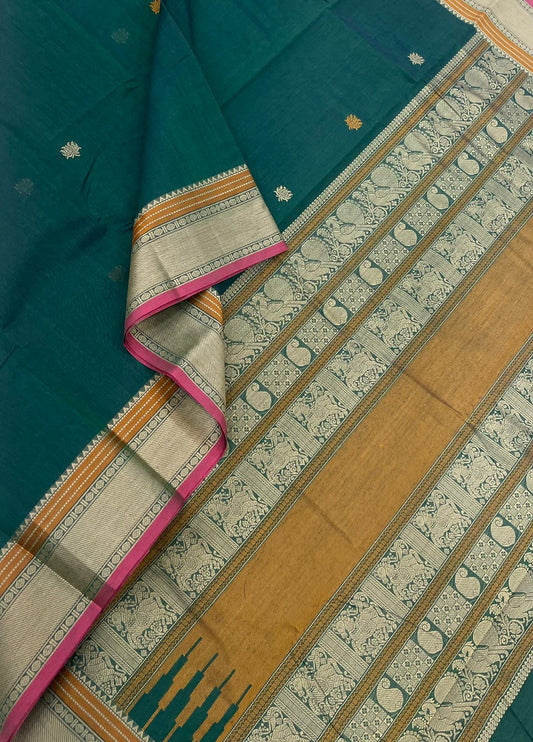 Pure Handloom Kanchi rich Cotton Saree | Lotus thread butta X green