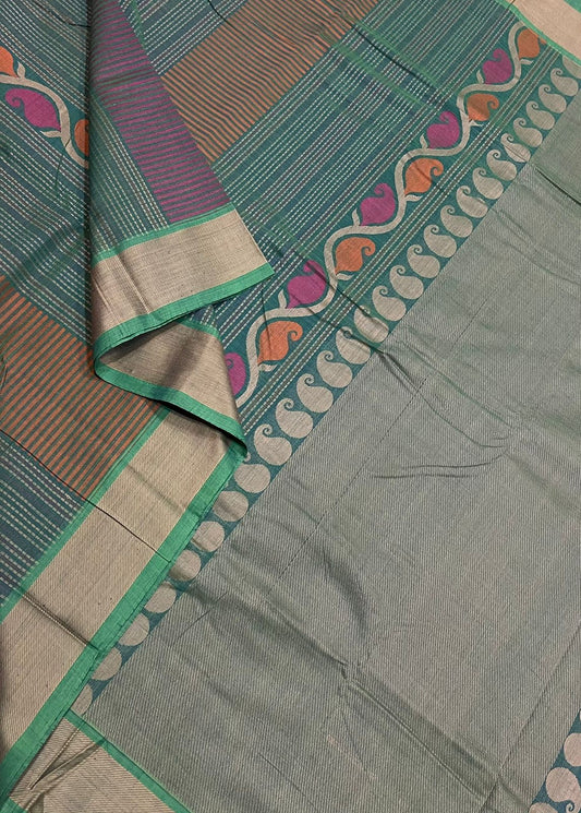 Kanchi handloom rich cotton | mango vertical butta x thread border | TwoTone teal x pink x orange