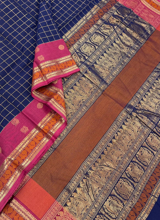 Handloom Rich cotton |  checks x zari | Mayil X chakram | blue x pink