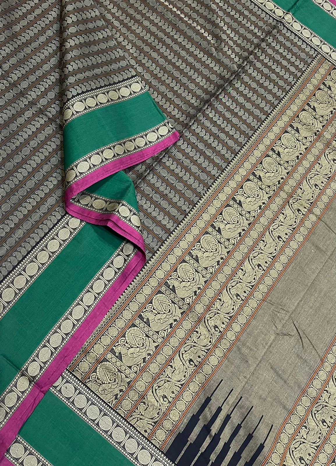 Kanchi handloom rich cotton | mango varusaipet | black x green x pink |NKV56