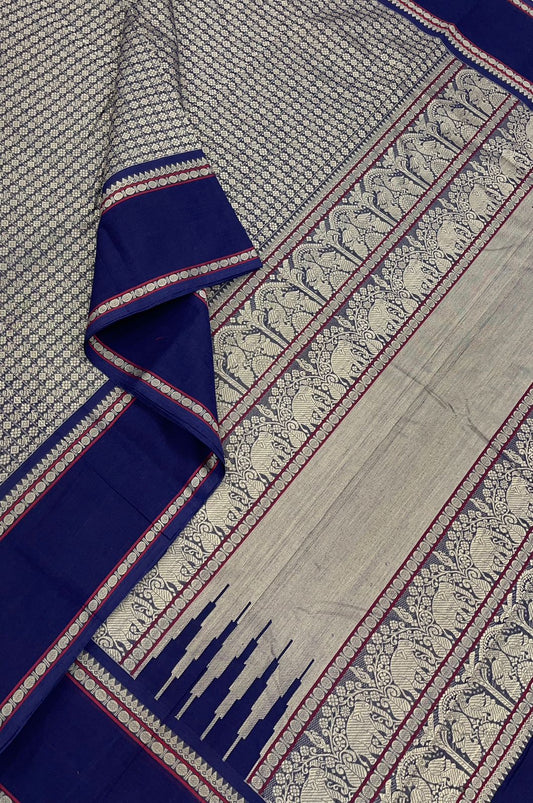 Pure Handloom Kanchi rich Cotton Saree | 20000 butta x navy blue x TwoTone grey