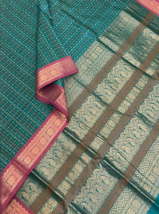 Kanchi Silk Cotton Sarees | Pastel Teal x pink | 1000 butta