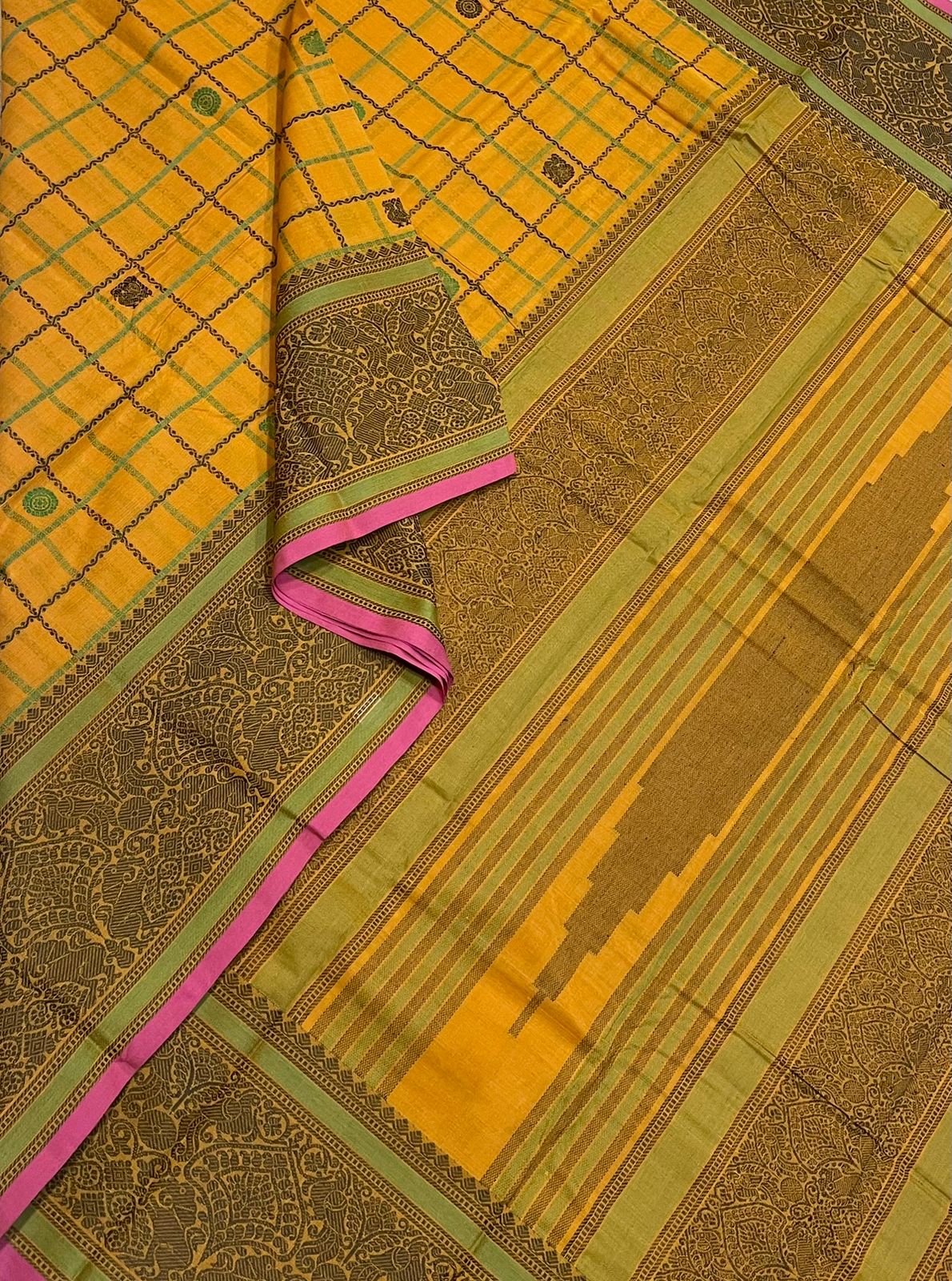 Kanchi handloom rich cotton | neli thread border | yellow x black x pink |NKV56