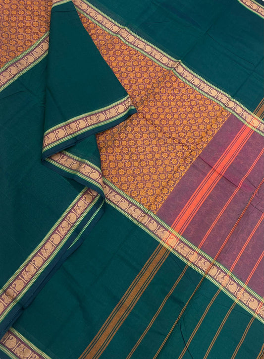 Kanchi cotton x chettinad style|bottle green X orange | mupaggam