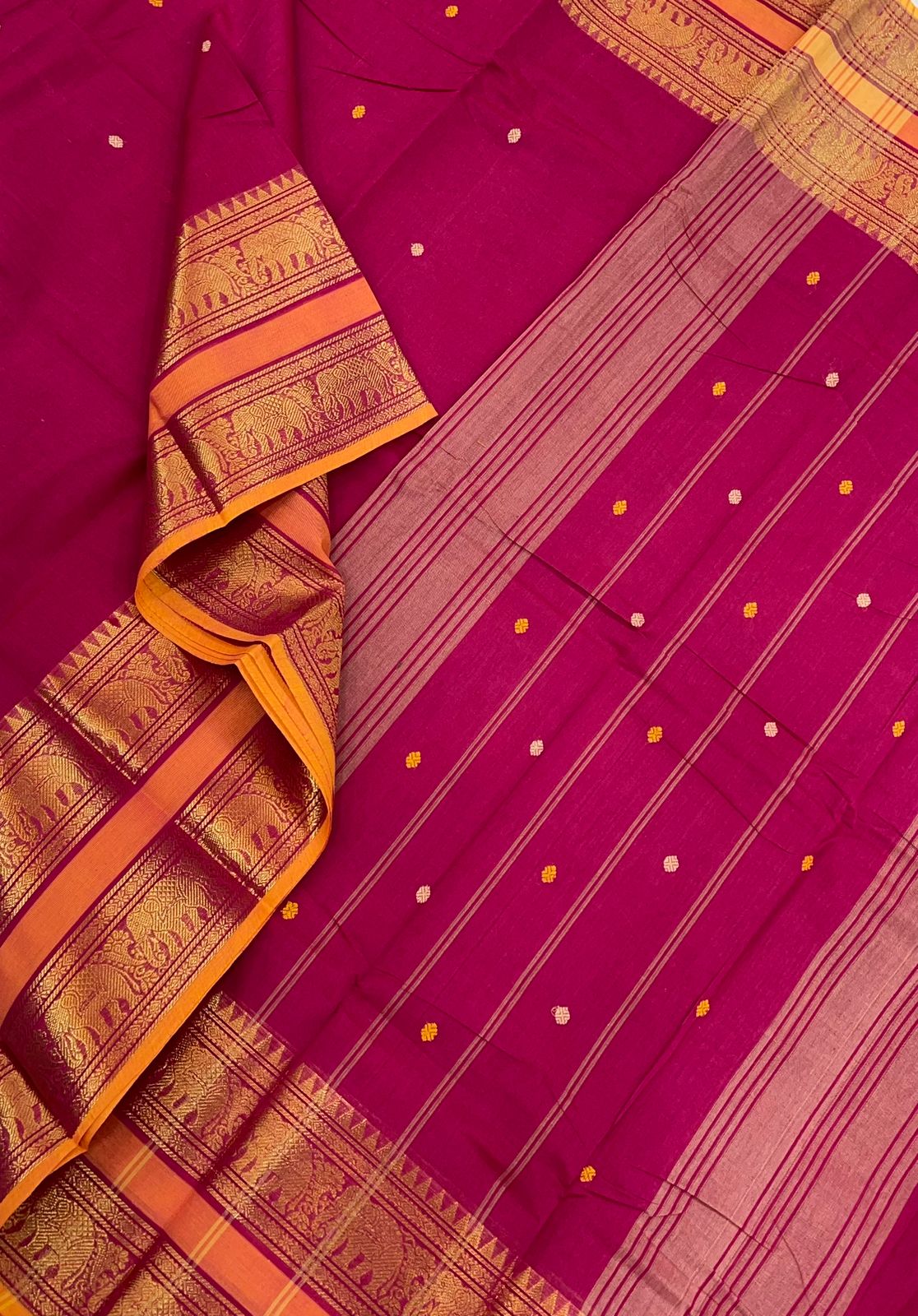 Kanchi cotton| pink x orange |rettaipet  yannai zari border