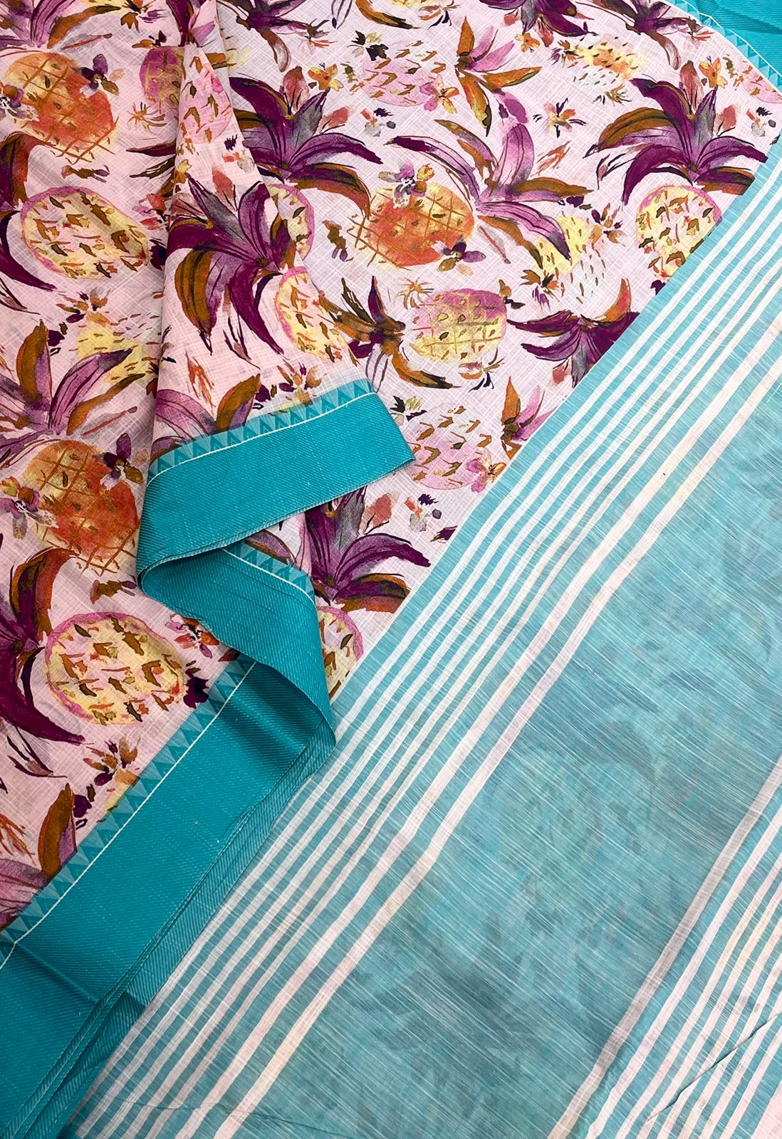 Kadhi soft Cotton | pastel pink x blue x multi floral | thread border |NKV68