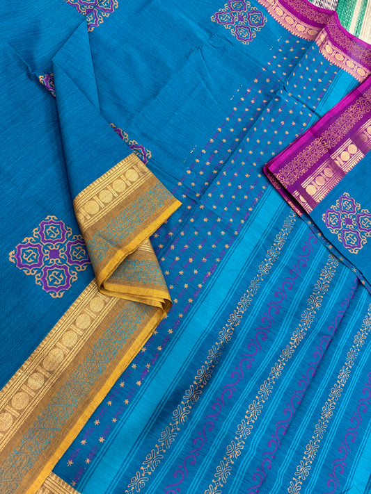 Kanchi cotton| cyan blue X Ganga Jamuna | block print | thread border