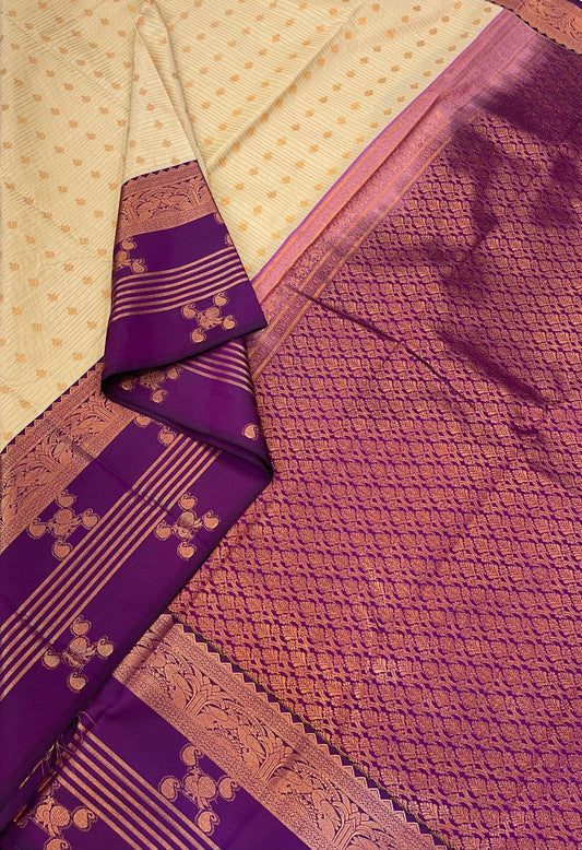 Vegan Silk Sarees Online | Pastel Shiny Cream X Violet