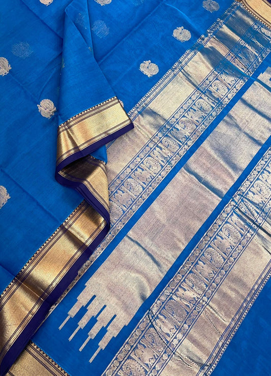 Pure Handloom Kanchi Cotton Saree | Mayil butta x Zari | Electric blue