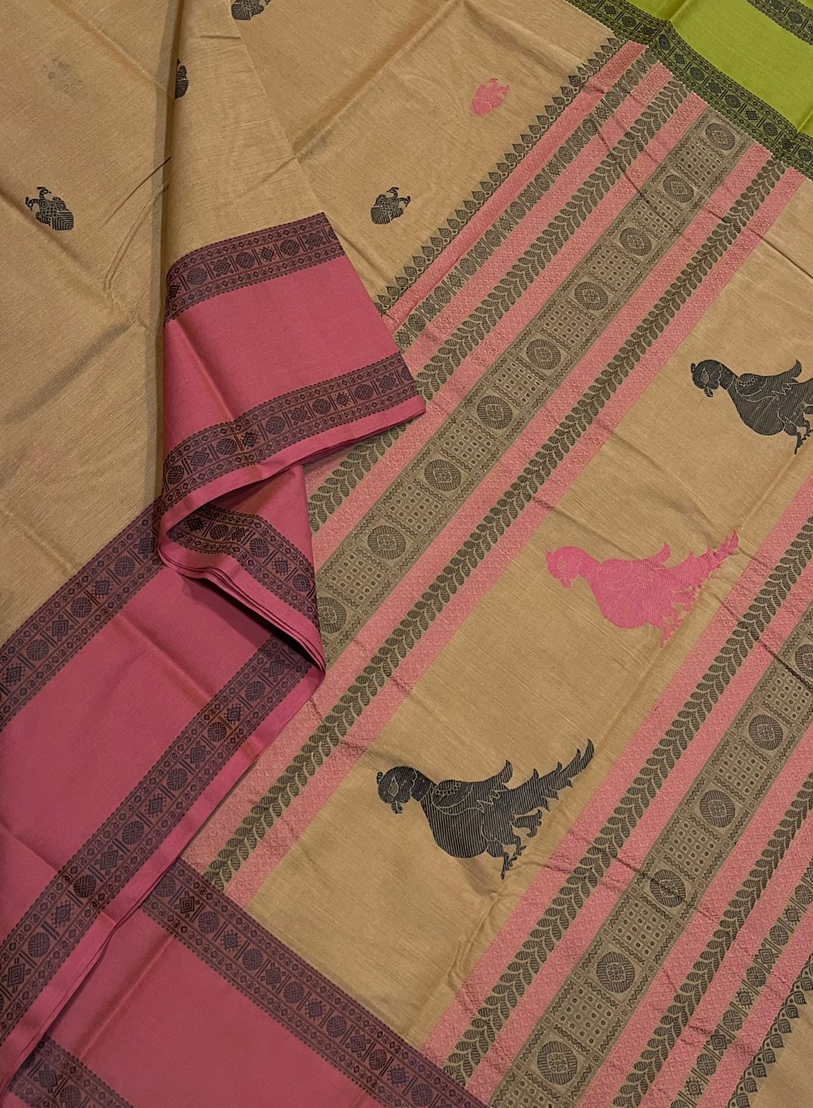 Kanchi handloom rich cotton | Eruthalapakshi x Kalakshetra killi | beige x Ganga jamuna