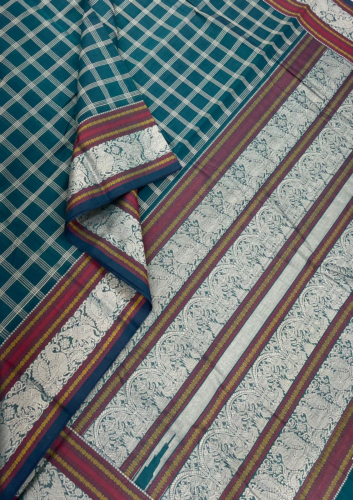 Pure Handloom Kanchi rich Cotton Saree | threads X kattam BUTTA | mayil X yanai | cyan green