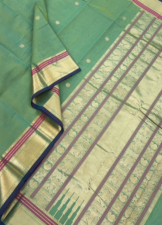 Pure Handloom Kanchi rich Cotton Saree | zari X tiny lotus BUTTA | teal green x blue