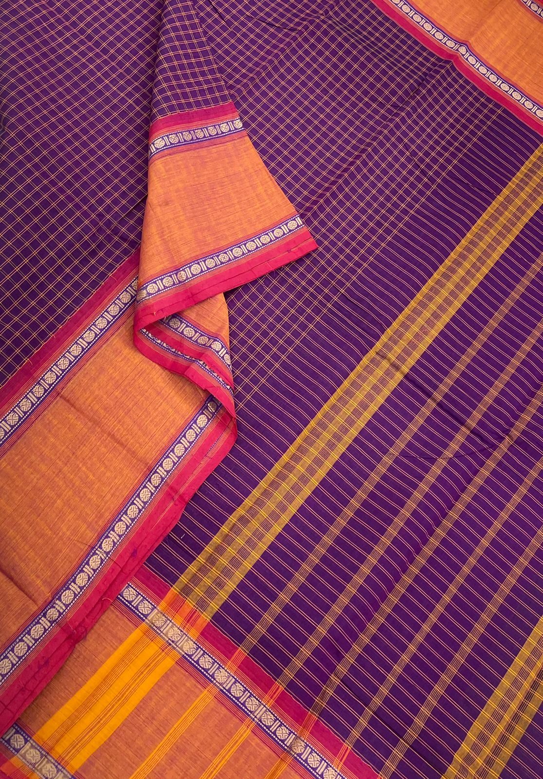 Kanchi soft cotton | kattam X rettaipet thread border | Violet x orange x pink | NKV10