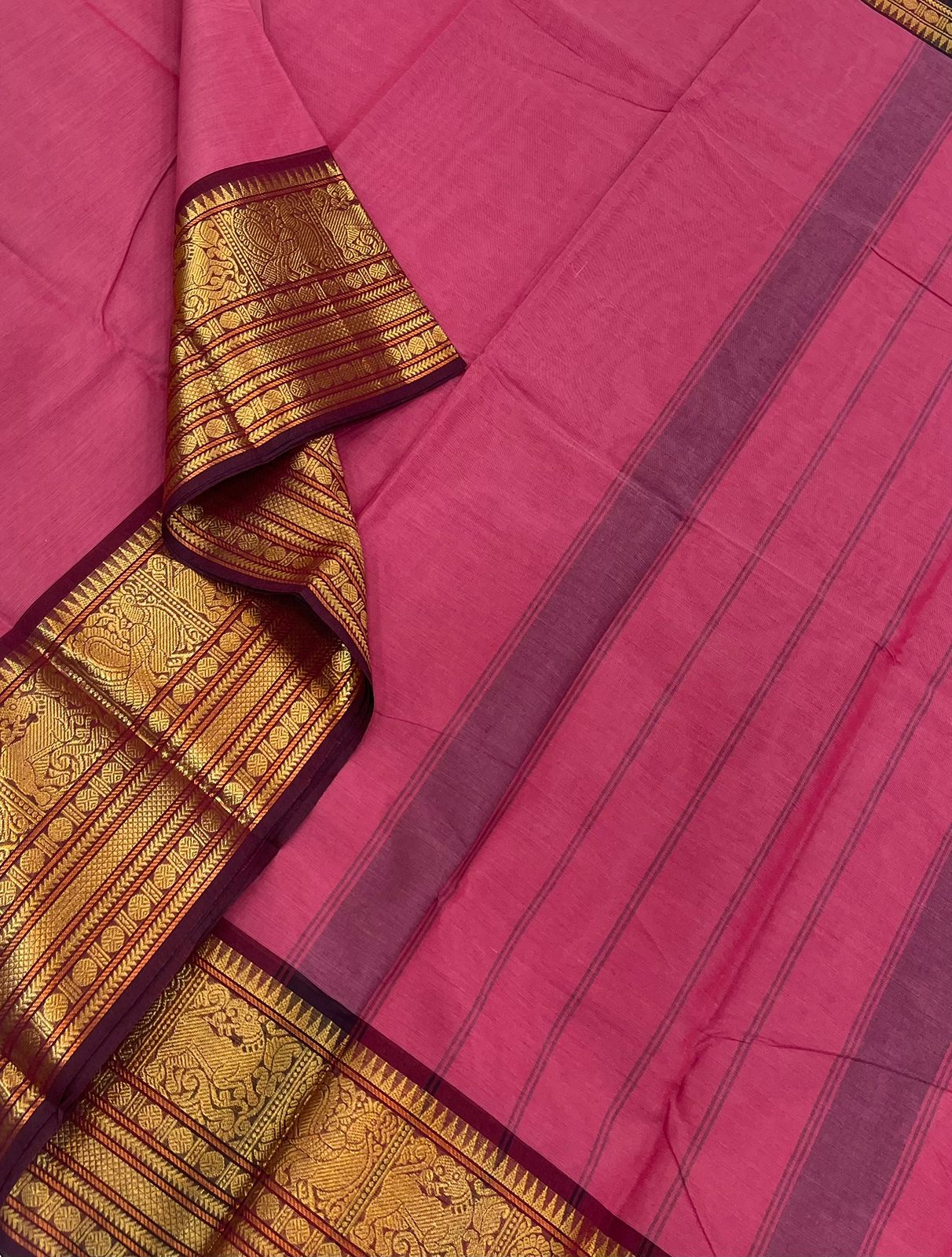 Kanchi soft cotton x chettinad style | dark pink  x burgundy | zari yhazli border