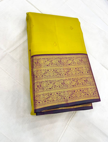 Pure Kanjivarams | yellow X dark pink |hand korvai x diamond butta | Handwoven luxury x 4 ply