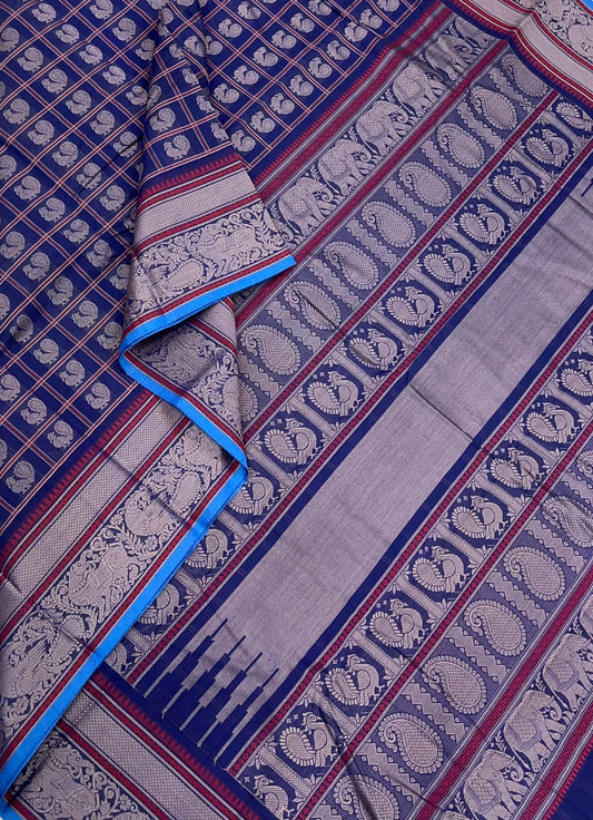 Pure Handloom Kanchi Cotton Saree | 1000 butta X Mayil | Royal blue