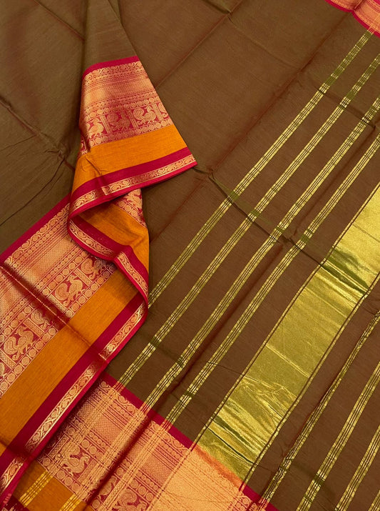 Kanchi cotton|  brown x red | mayil zari border