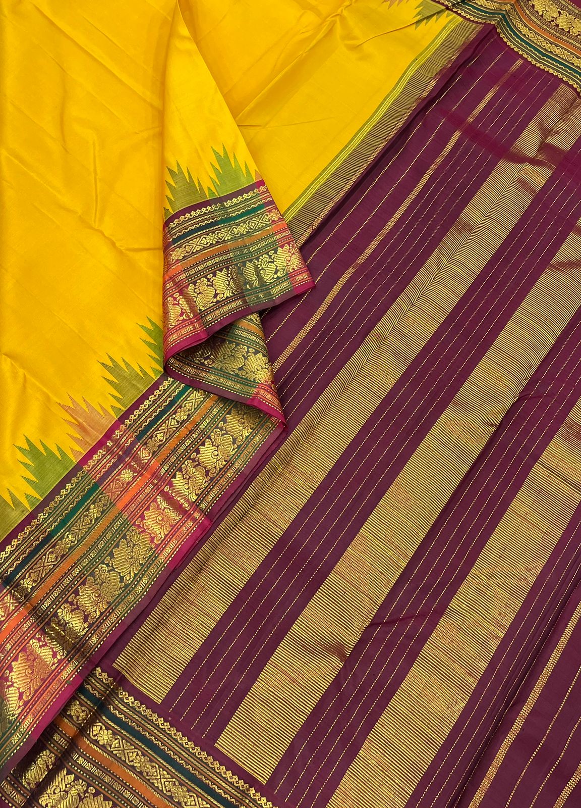 Pure Kanjivarams | Palum pazhamum temple korvai border x manjal | Handwoven luxury x 4 ply