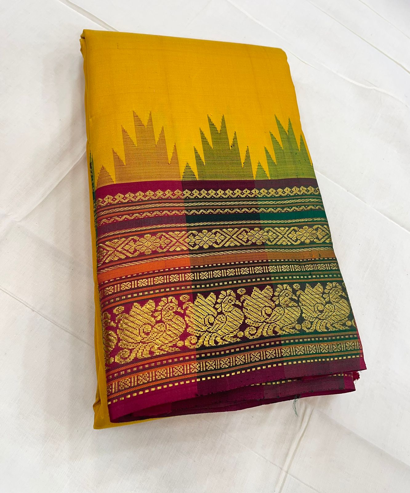 Pure Kanjivarams | Palum pazhamum temple korvai border x manjal | Handwoven luxury x 4 ply