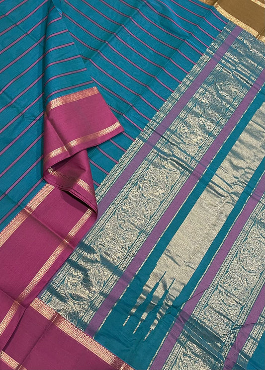 Kanchi handloom rich cotton | veldhari X zari | cyan blue x Ganga jamuna |NKV56