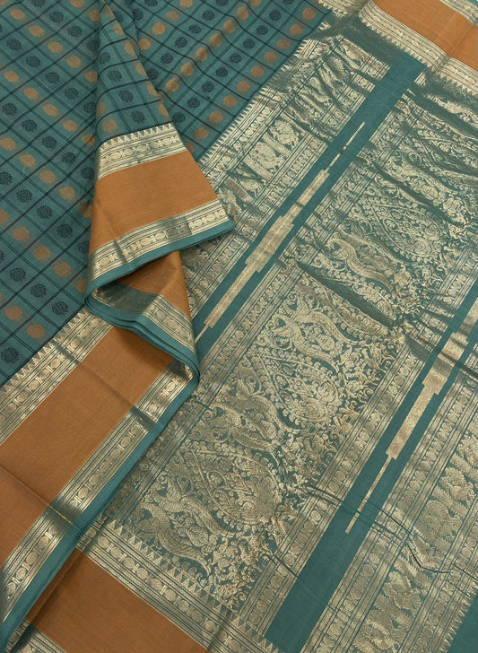 Pure Handloom Kanchi rich Cotton Saree | 1000 butta X zari | cyan teal blue x mustard