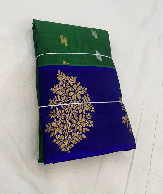 Pure Kanjivarams | bottle green x blue | gold X silver motif