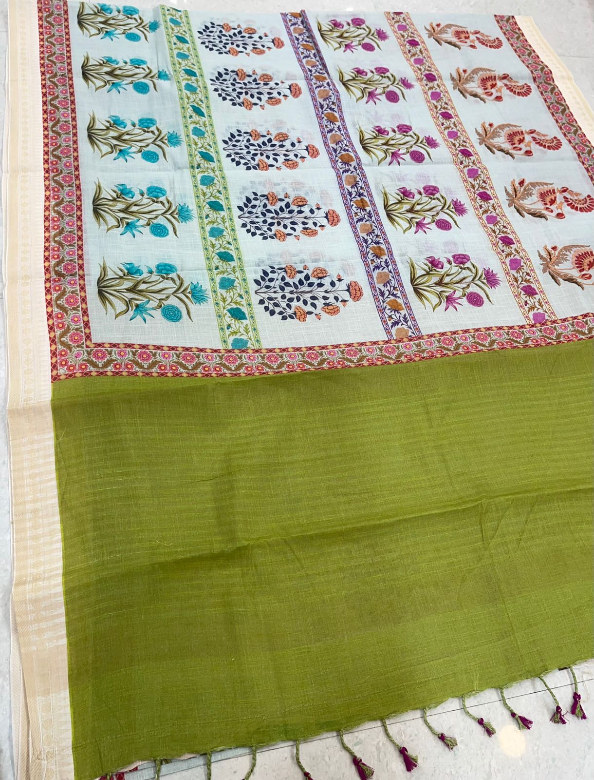 Kadhi soft Cotton | cream x green Jaipur floral | thread border |NKV68