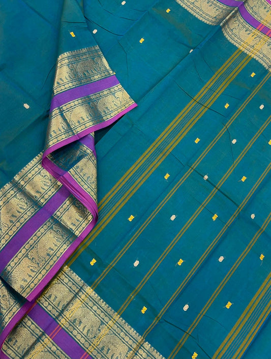 Kanchi soft cotton |Twotone peacock blue X magenta | Zari X Yanai rettaipet border