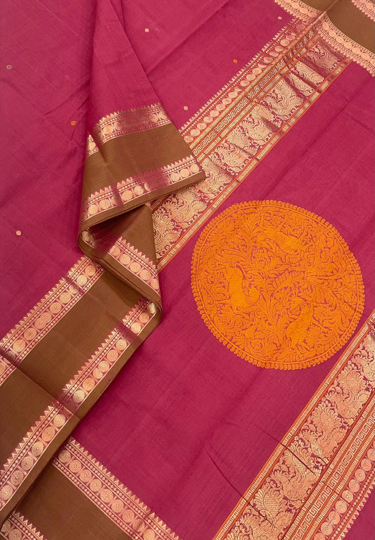 Handloom Rich cotton |  pink X Rettaipet | Round butta