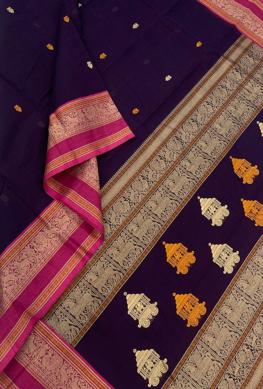 Pure Handloom Kanchi rich Cotton Saree | Eruthalapakshi X chariot motif | violet x pink