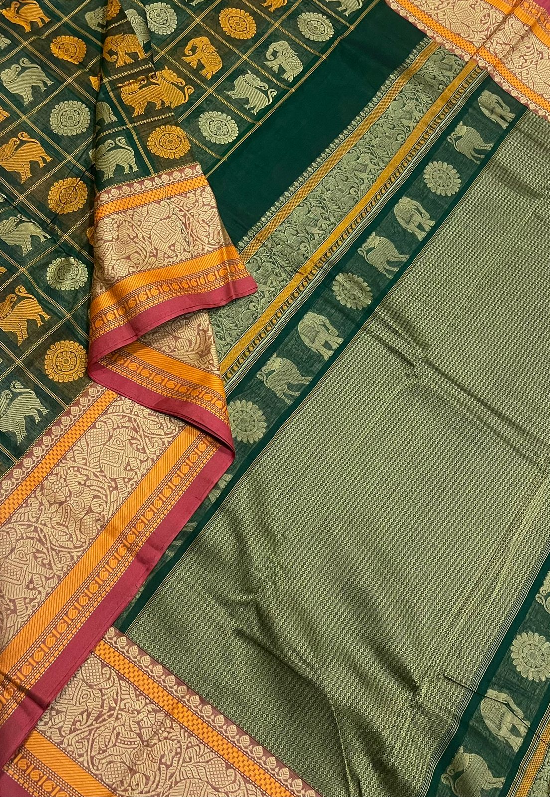 Kanchi soft cotton | 1000 butta x thread border | green X brick