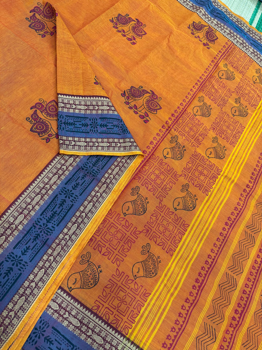 Kanchi cotton| orange X thread | bird block print | thread border